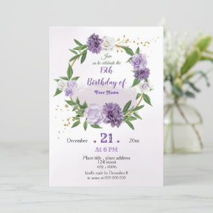 Invitation fleurs pourpres et feuilles couronne anniversaire