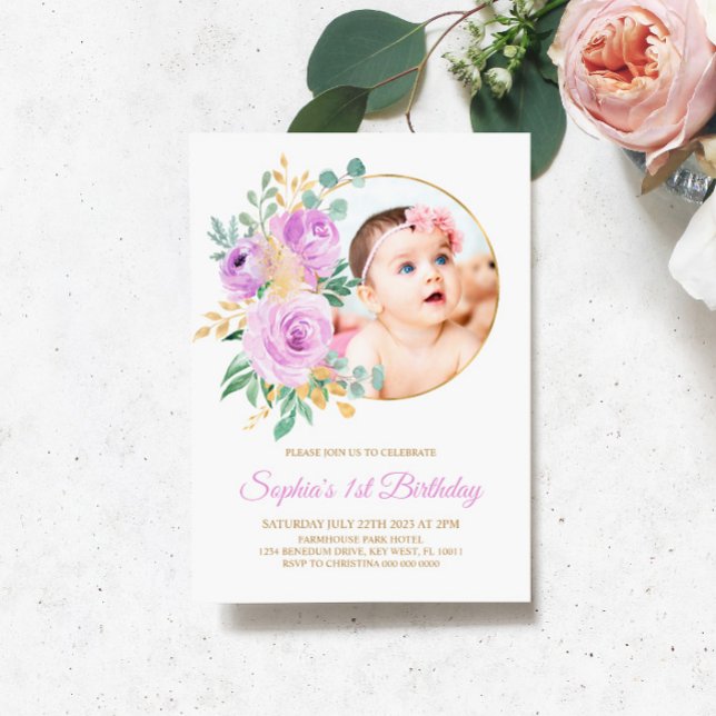 Invitation Fleurs pourpres et premier anniversaire de bébé do (Créateur téléchargé)