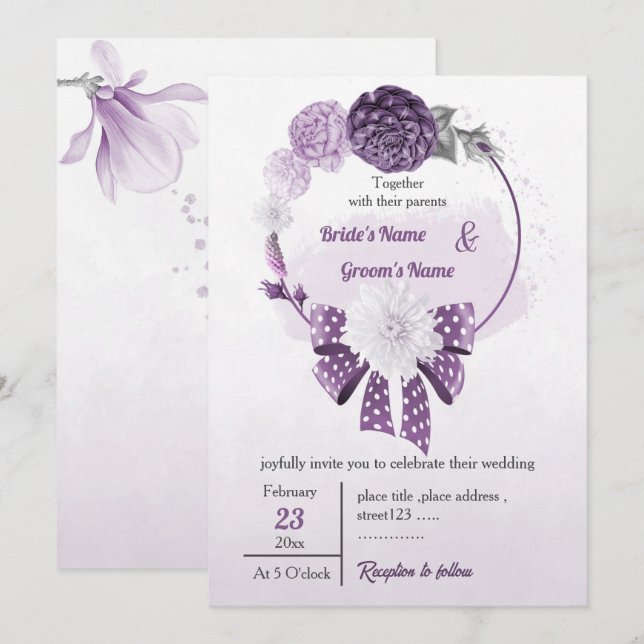 Invitation fleurs pourpres et ruban mariage à couronne fleuri (Devant / Derrière)