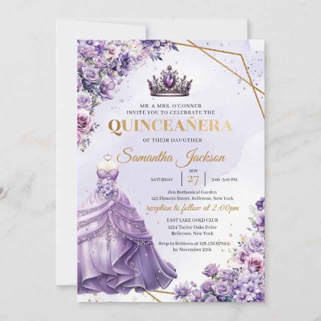 Invitation Fleurs pourpres printemps Princesse Robe Quinceañe (Devant)