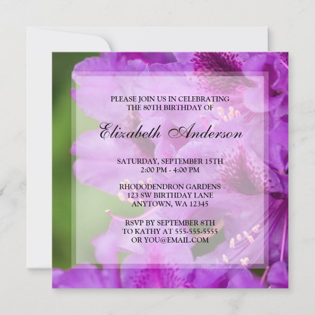 Invitation Fleurs pourpres Rhododendron 80e anniversaire (Devant)
