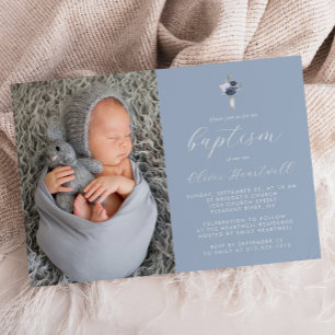 Invitation Fleurs poussiéreuses bleu argent croix photo baptê