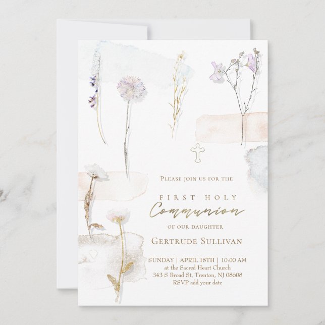 Invitation fleurs pressées aquarelle Première Sainte Communio (Devant)