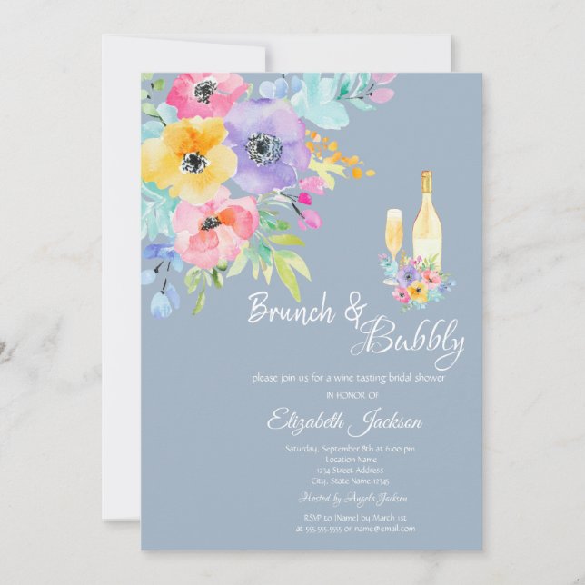 Invitation Fleurs printanières colorées Brunch bleu poussiére (Devant)