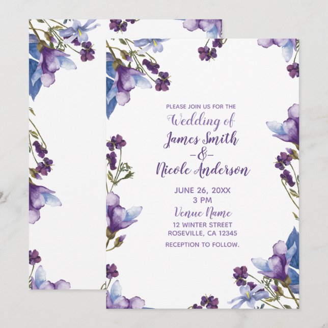 Invitation Fleurs printanières délicates Mariage floral viole (Devant / Derrière)