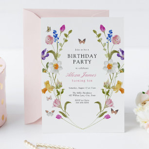 Invitation Fleurs printanières et papillons Anniversaire