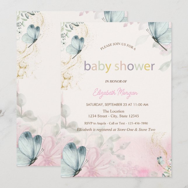 Invitation Fleurs printanières Papillons bleus Baby Shower (Devant / Derrière)