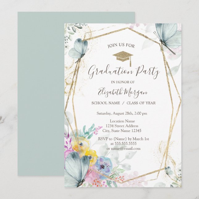 Invitation Fleurs printanières, papillons, casquette de remis (Devant / Derrière)
