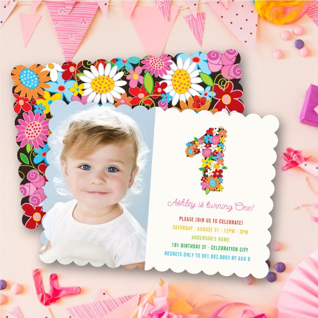 Invitation Fleurs printanières Une petite fille Premier anniv (Spring Flowers Garden Blooms Number One Photo Baby Girl's 1st Birthday Party Invitation @ fat_fa_tin)