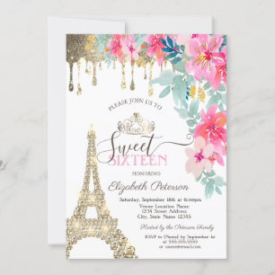 Invitation Fleurs Printemps Tour Eiffel Roulettes Or Sweet 16
