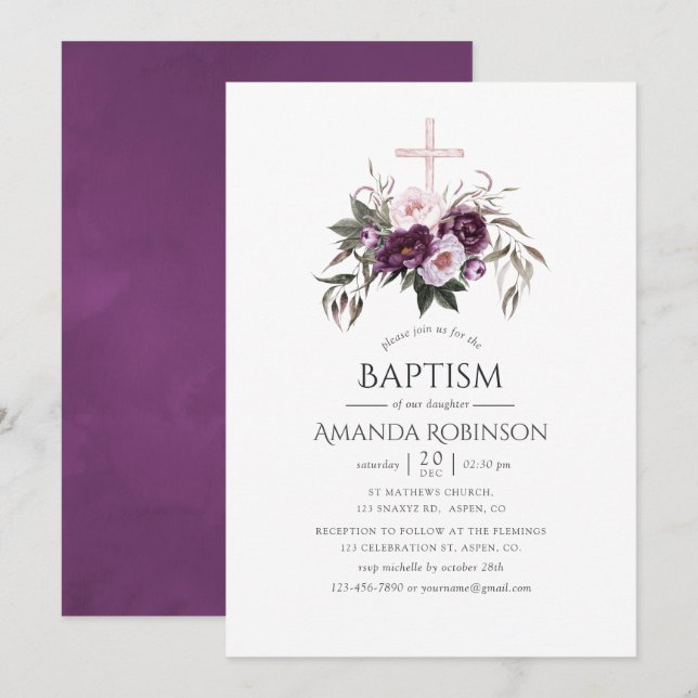 Invitation Fleurs profondes en velours pour baptême (Devant / Derrière)