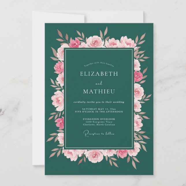 Invitation Fleurs Profondes Vertes pour Mariage (Devant)