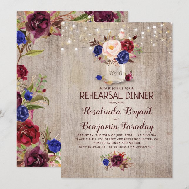 Invitation Fleurs radiantes Mason Jar Dîner de répétition rus (Devant / Derrière)