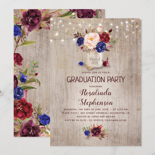 Invitation Fleurs radiantes Mason Jar Rustic Graduation Party (Devant / Derrière)