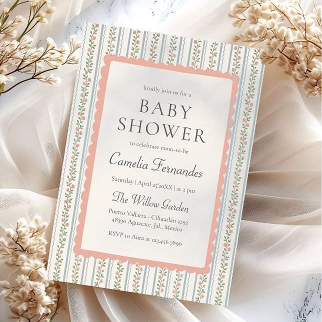 Invitation Fleurs rayées Baby Shower Vintage Rétro (Créateur téléchargé)