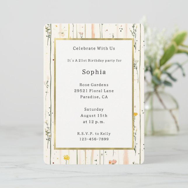 Invitation Fleurs rayées rose vert Anniversaire   (Debout devant)