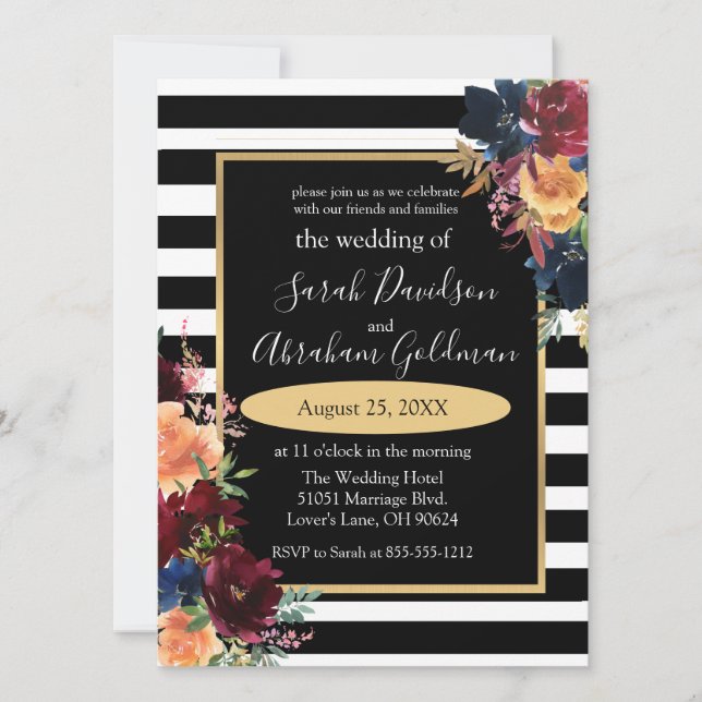 Invitation Fleurs rayures noir et blanc Mariage rouge marine  (Devant)