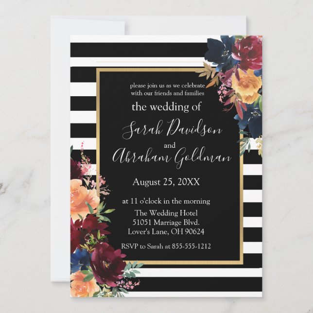 Invitation Fleurs rayures noir et blanc Mariage Rouge Marine  (Devant)
