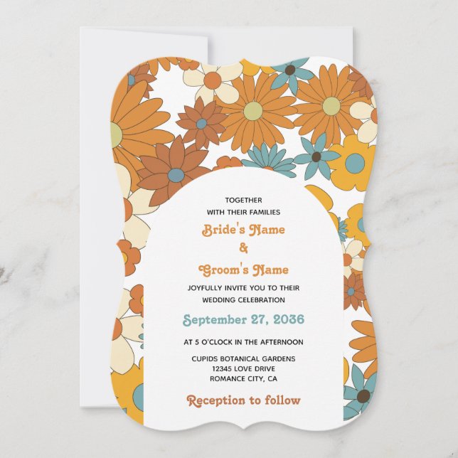 Invitation Fleurs rétro colorées 60's 70's Mariage (Devant)