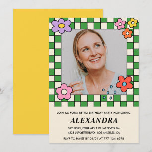 Invitation Fleurs Rétro Photo Groovy 44e anniversaire