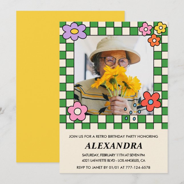 Invitation Fleurs Rétro Photo Groovy 92e anniversaire (Devant / Derrière)