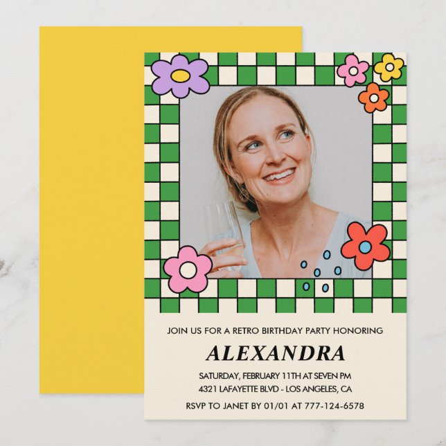 Invitation Fleurs Retro Photo Super 53e anniversaire (Devant / Derrière)