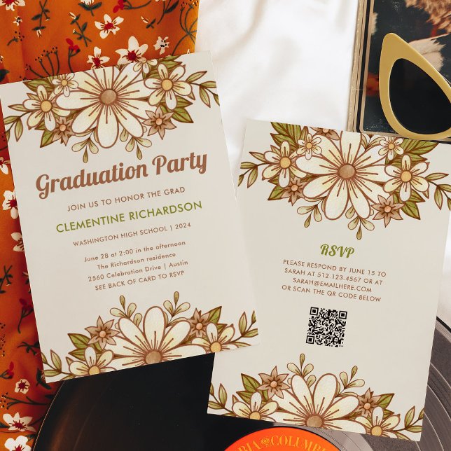 Invitation Fleurs rétro | QR Code 2024 Graduation Party (A trendy, retro floral invitation for your grad party, with scannable QR code to rsvp)