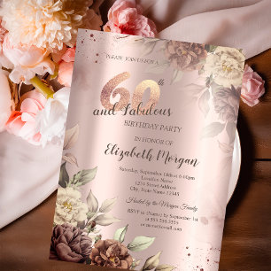 Invitation Fleurs Rétro Rose Doré 60e Anniversaire