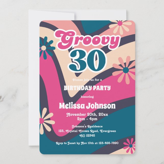 Invitation Fleurs Rétro Vague Groovy 30ème Anniversaire Bubbl (Devant)