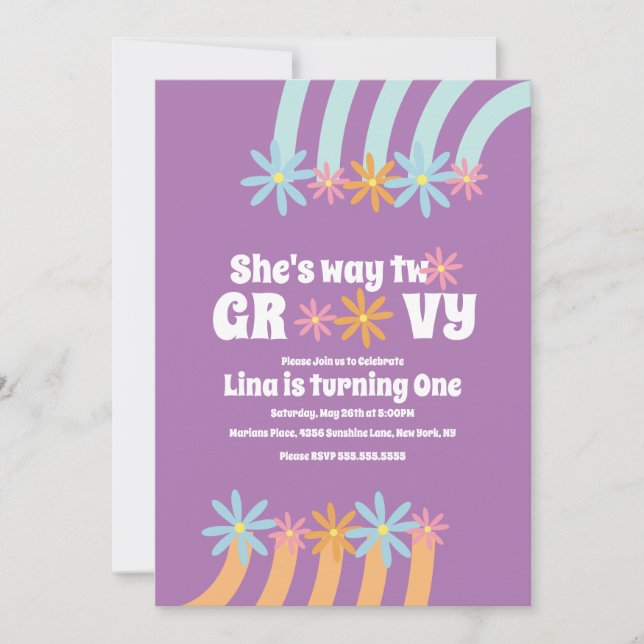 Invitation Fleurs Rétro Way Two Groovy Anniversaire    (Devant)