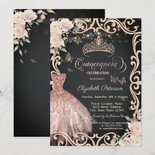 Invitation Fleurs Robe Cadre Papillon Pailleté Quinceañera