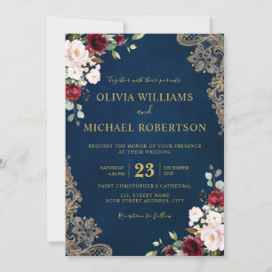 Invitation Fleurs romantiques aquarelle bordeaux marine or