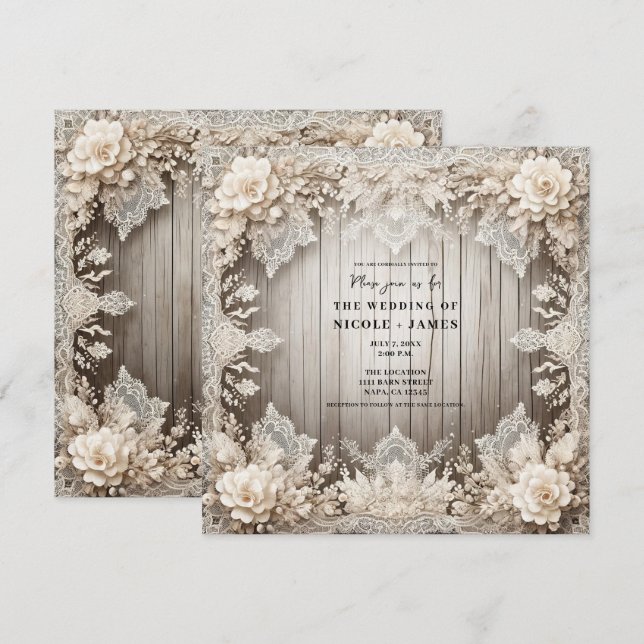 Invitation Fleurs Romantiques Dentelle + Bois Mariage Rustiqu (Devant / Derrière)