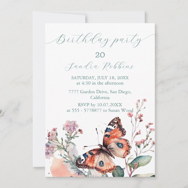 Invitation Fleurs romantiques et papillon Anniversaire Invita (Devant)