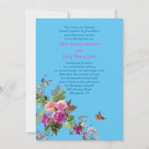 Invitation Fleurs romantiques et papillon sur mariage bleu