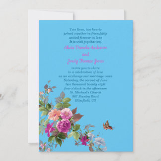 Invitation Fleurs romantiques et papillon sur Mariage bleu