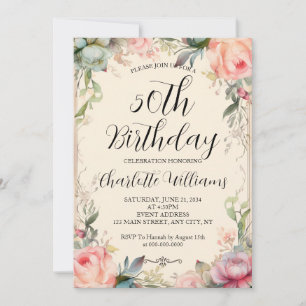 Invitation Fleurs romantiques Femme 50e anniversaire