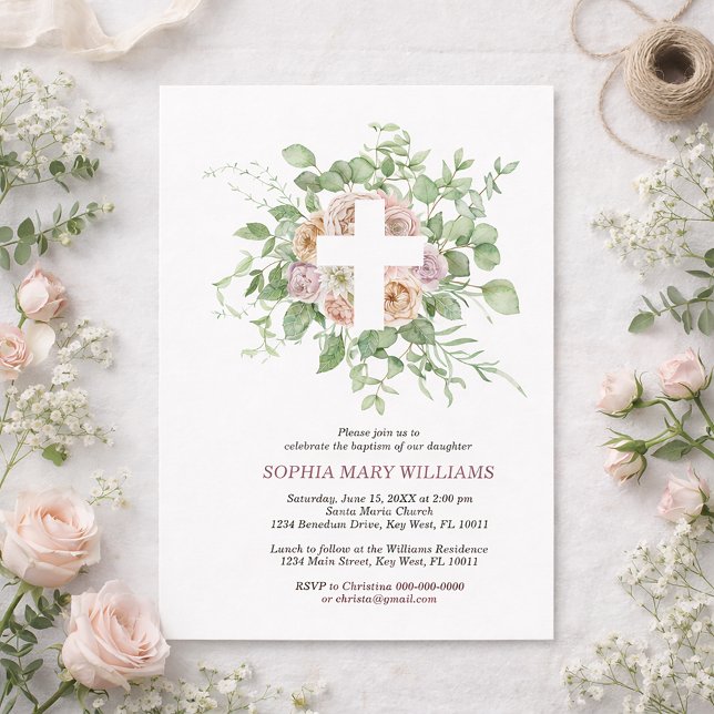 Invitation Fleurs romantiques & Fille à la croix blanche Bapt (Créateur téléchargé)