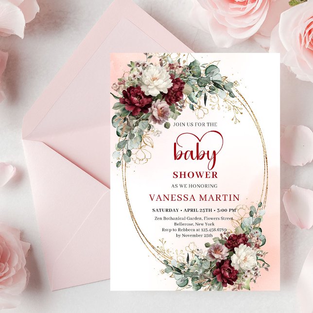 Invitation Fleurs romantiques Marsala Police en forme de cœur (Romantic Marsala Flowers Heart-Shaped Font Baby Shower Invite)