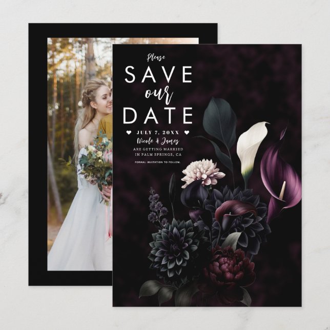 Invitation Fleurs Romantiques Sombres et Émouvantes pour un M (Devant / Derrière)