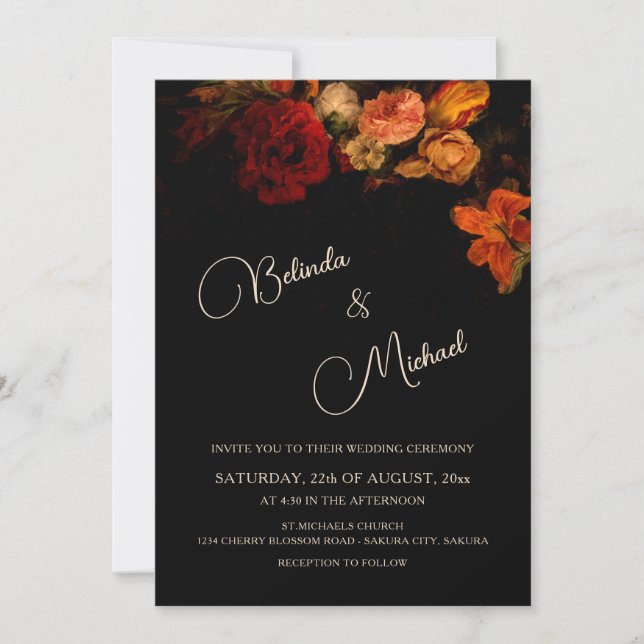 Invitation Fleurs Romantiques Sombres | Photo Mariage (Devant)