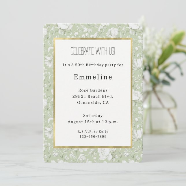 Invitation Fleurs romantiques vertes et blanches pour anniver (Debout devant)