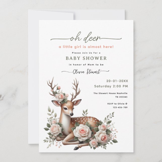 Invitation Fleurs rose aquarelle oh cerf baby shower  (Devant)