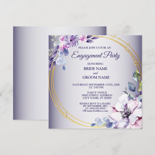 Invitation Fleurs rose aquarelle or violet Engagement  (Devant / Derrière)