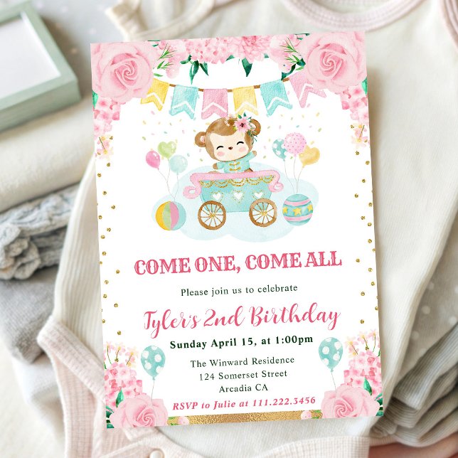 Invitation Fleurs Rose Aquarelle Singe Anniversaire Enfants (Créateur téléchargé)
