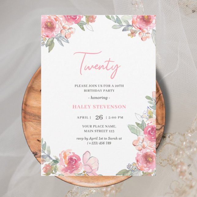 Invitation Fleurs rose aquarelle Twenty Boho Chic Anniversair (Créateur téléchargé)