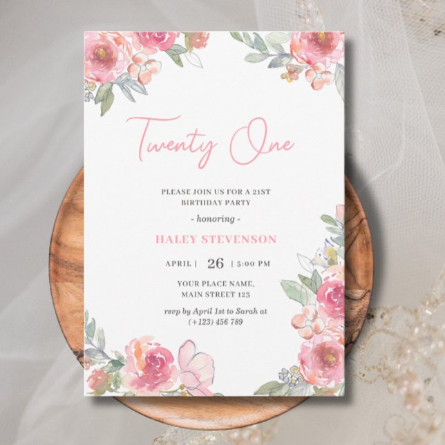 Invitation Fleurs rose aquarelle vingt et un Boho Anniversair (Créateur téléchargé)