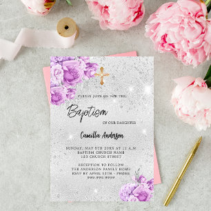 Invitation Fleurs rose argent fille luxe Baptême