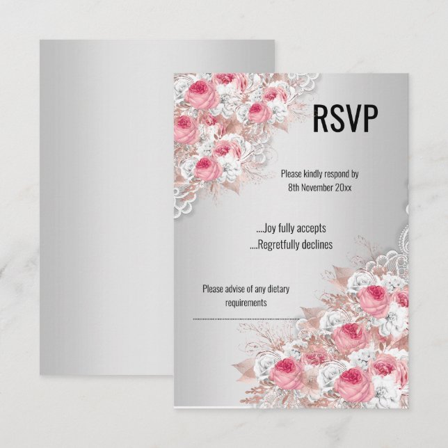 Invitation Fleurs Rose Argent LACE ÉLÉGANT MODERNE RSVP (Devant / Derrière)