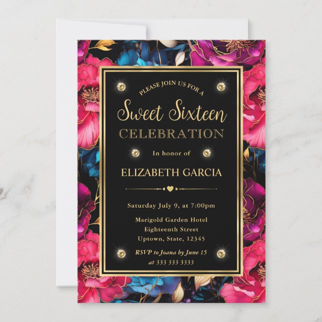 Invitation Fleurs rose bleu et or à l'aquarelle Sweet 16 (Devant)